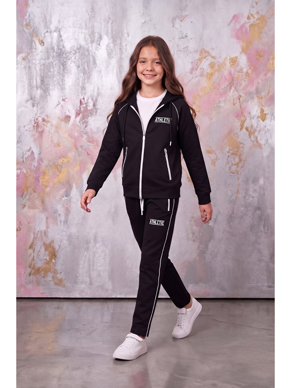 Siyah Kız Çocuk Atheletic Reglan Kol Kapüşonlu Düz Paça Dalgıç Kumaş Eşofman Takımı Esf7018-7