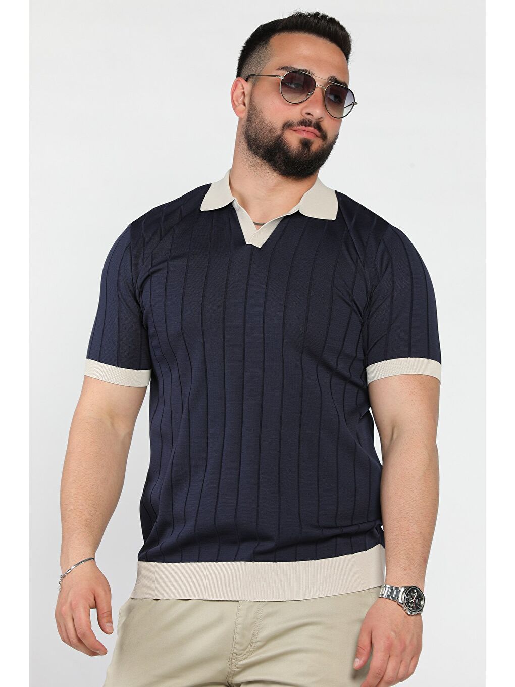 Lacivert Erkek Polo Yaka Kendinden Çizgi Desenli Renk Garnili Triko Tişört-1