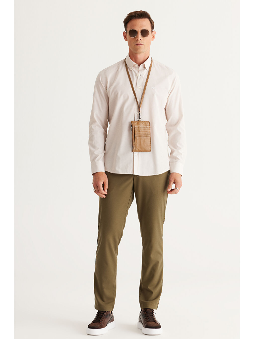 Erkek Bej-Beyaz Slim Fit Dar Kesim Düğmeli Yaka Pamuklu Çizgili Gömlek-4