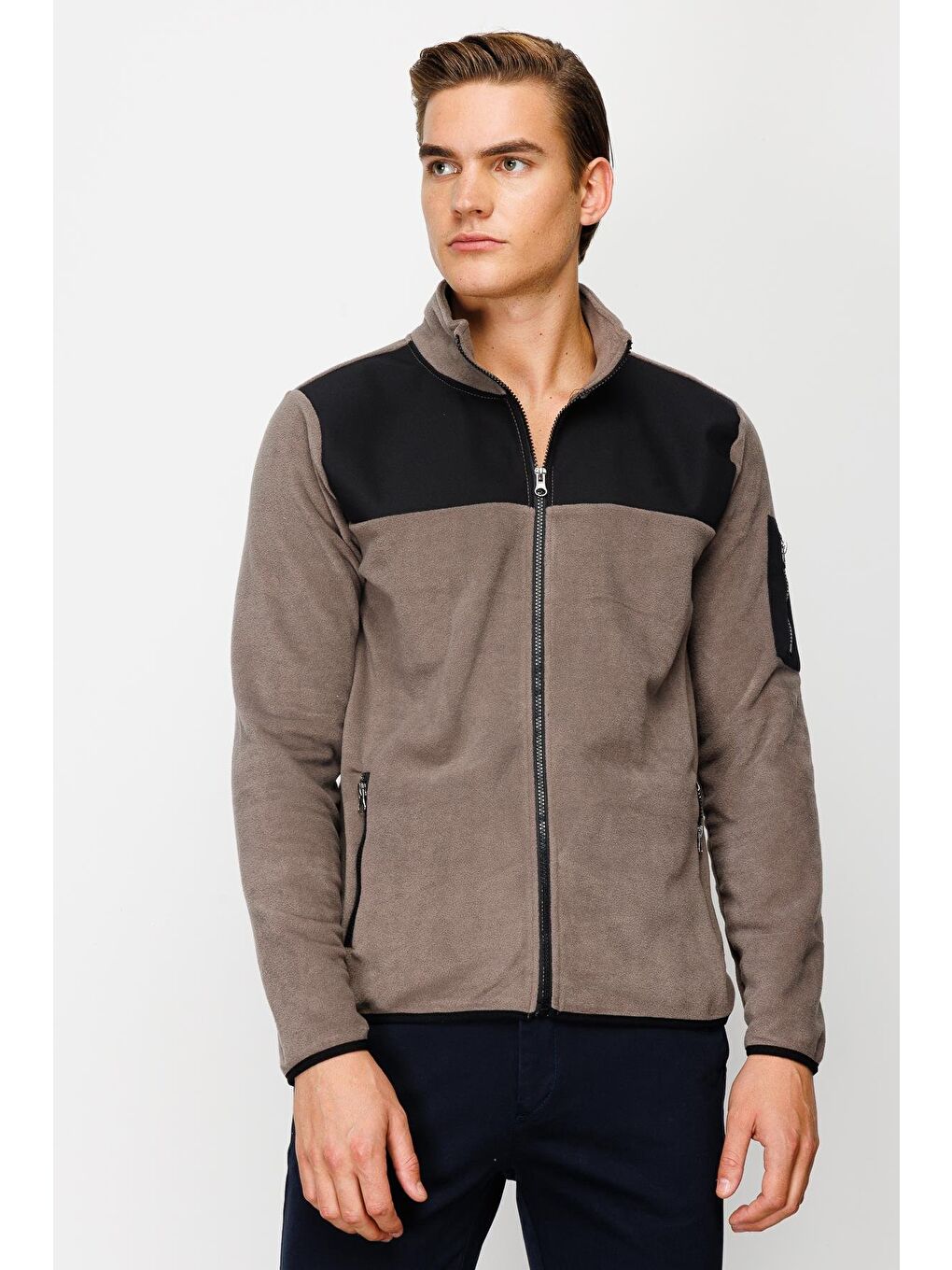 Kahverengi Erkek Açık Kahve Tam Fermuar Polar-1