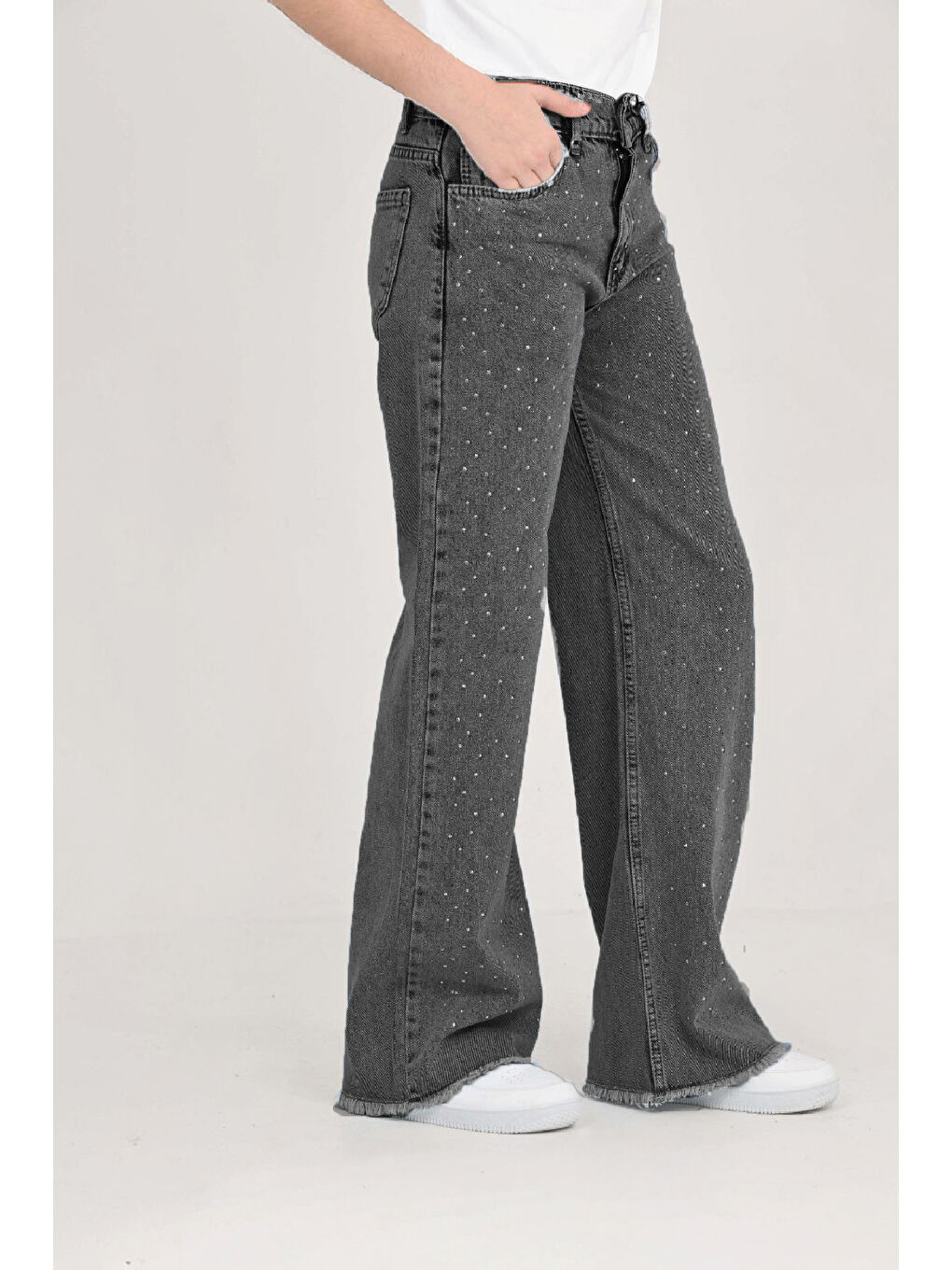 Antrasit Kız Çocuk Destroy Paçalı-Geniş Kesim Jean Pantolon 5-15 Yaş 12488-1