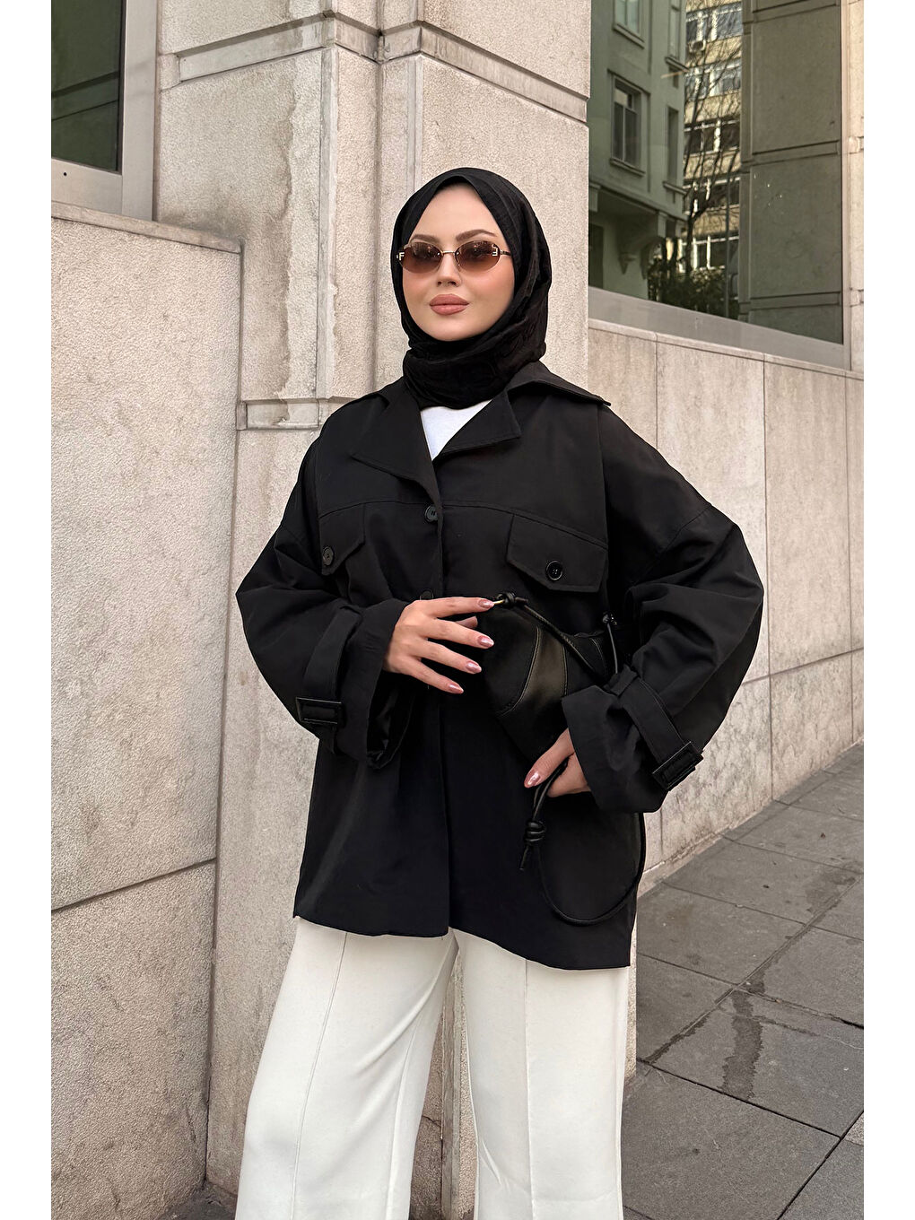 Kadın Kruvaze Yaka Trenç Siyah-1