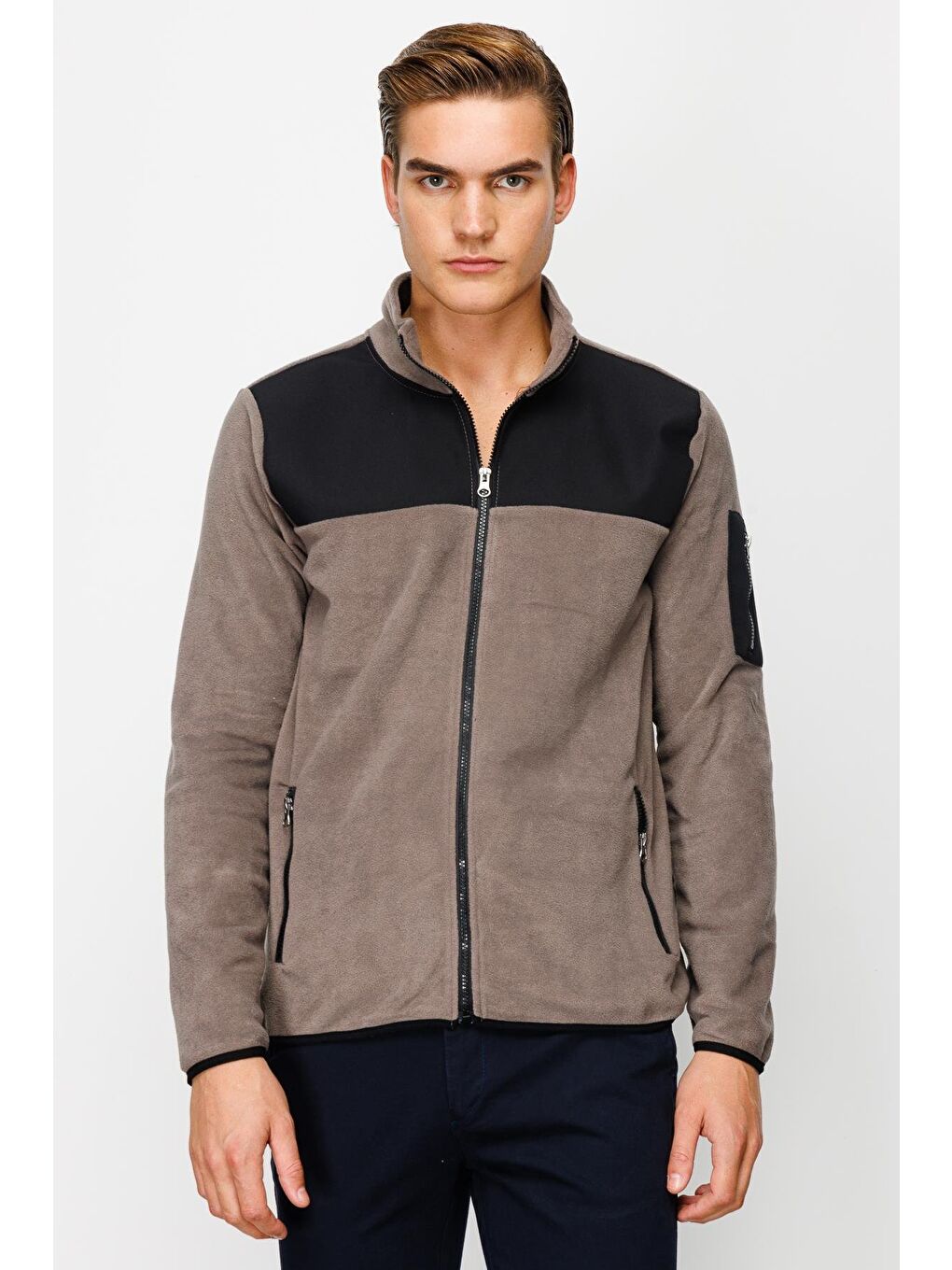 Kahverengi Erkek Açık Kahve Tam Fermuar Polar-3