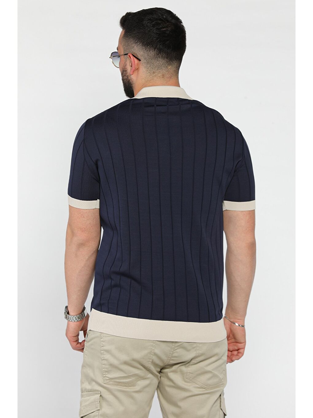 Lacivert Erkek Polo Yaka Kendinden Çizgi Desenli Renk Garnili Triko Tişört-2