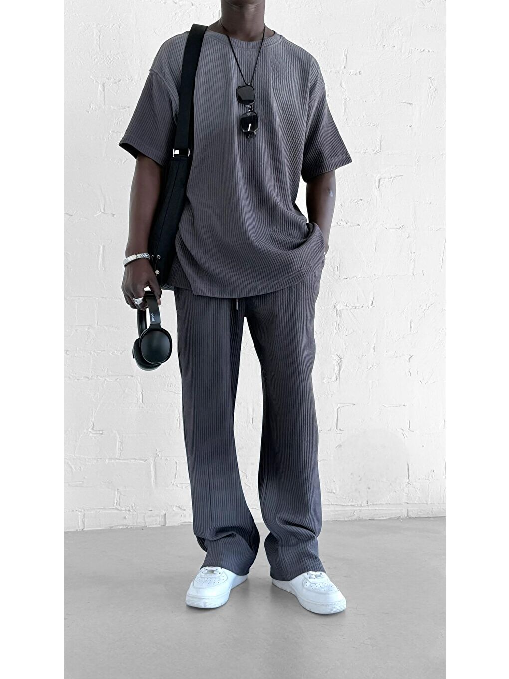 Erkek Fitilli Yıkamalı Renk Geçişli Oversize T-Shirt Antrasit Beyaz-2