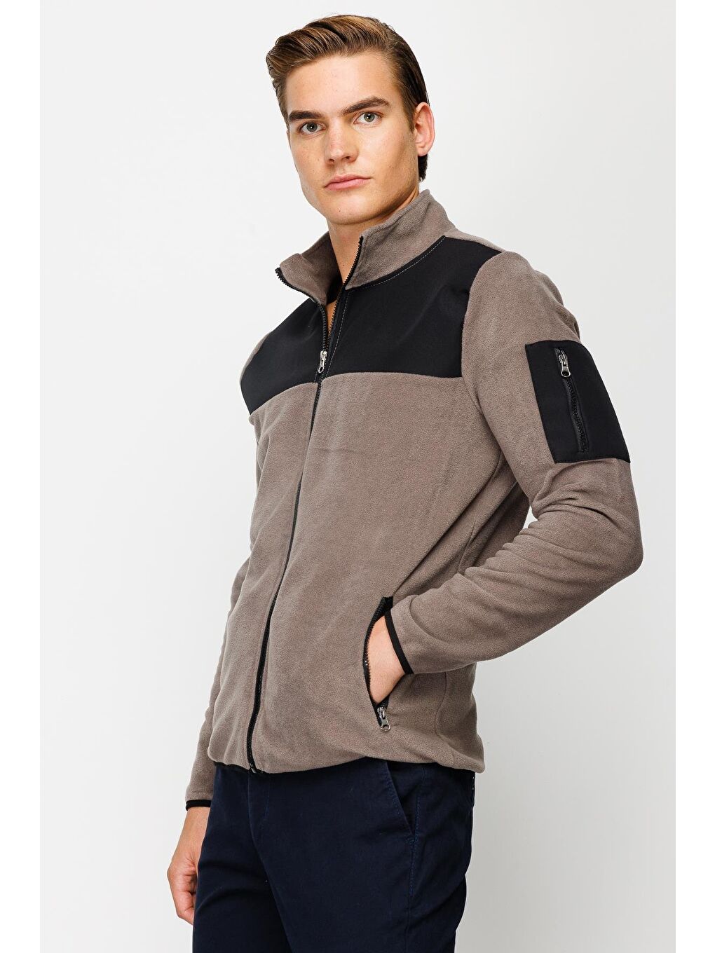 Kahverengi Erkek Açık Kahve Tam Fermuar Polar-4