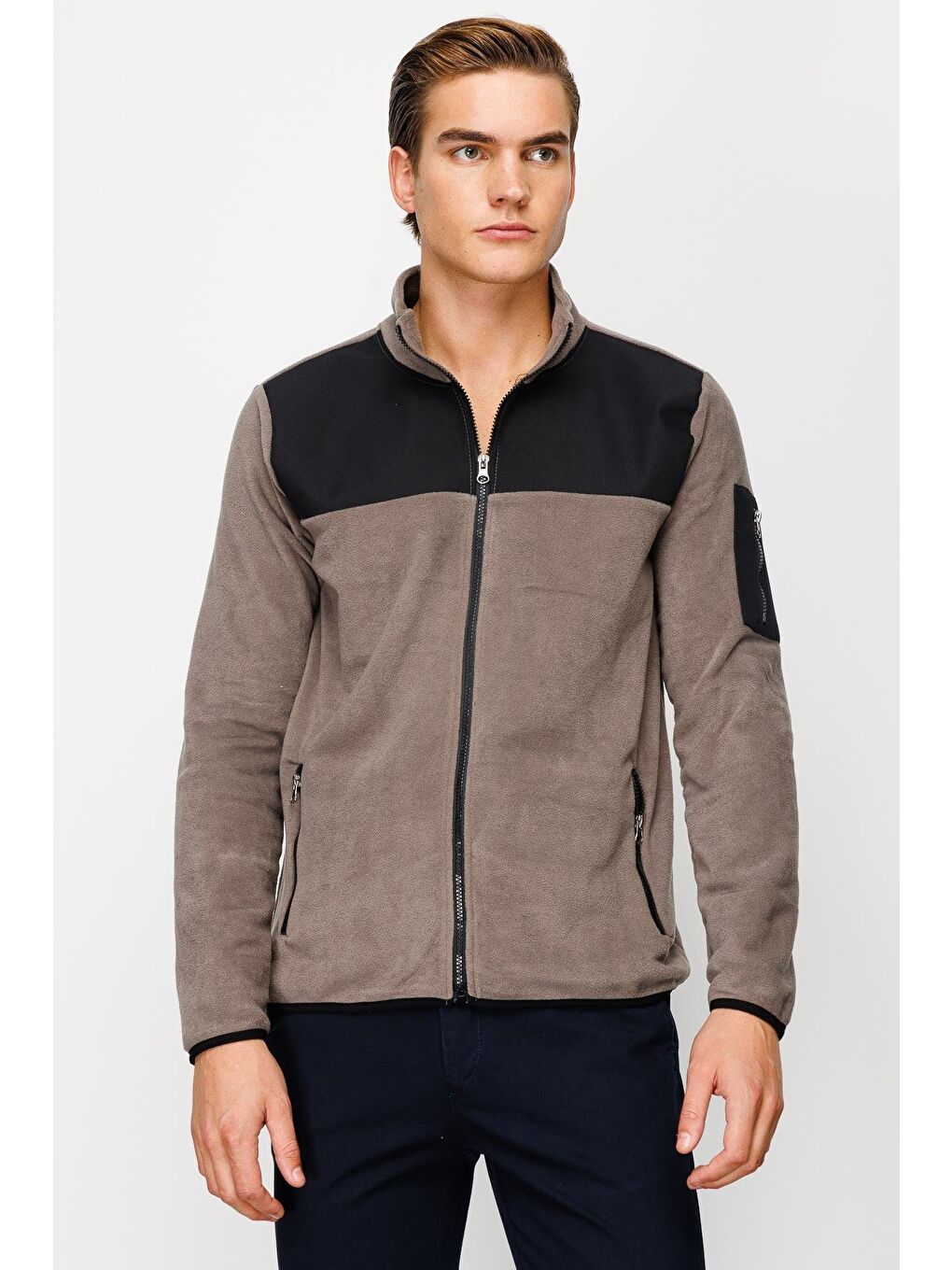 Kahverengi Erkek Açık Kahve Tam Fermuar Polar-5