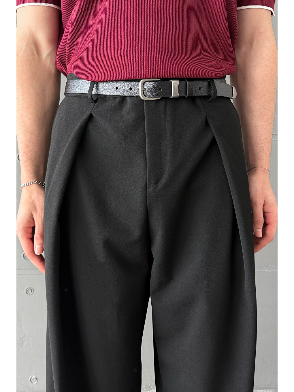 Siyah Erkek Geniş Pileli Kore Kesim Baggy Pantolon-2