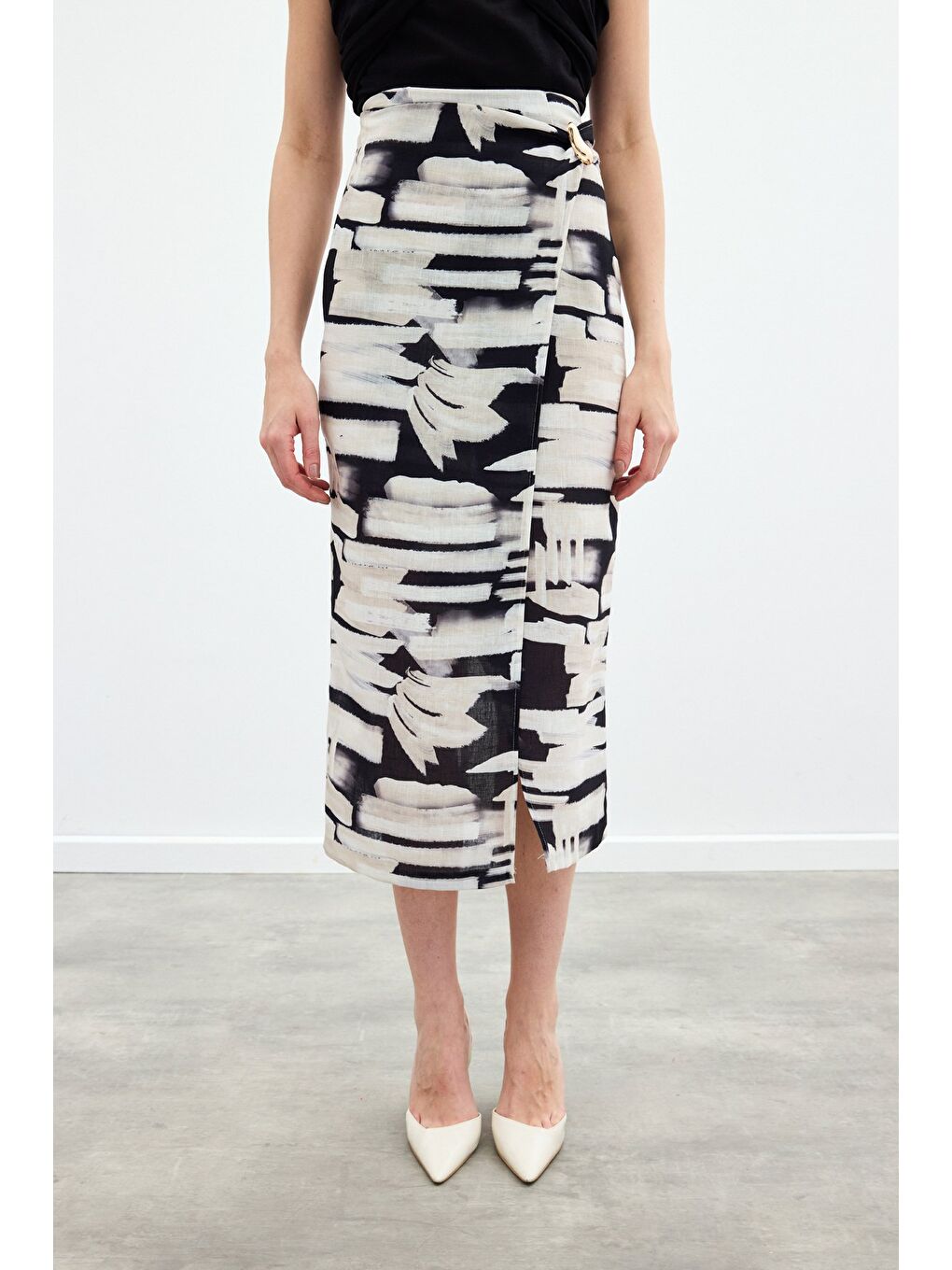 Desenli Keten Kalem Etek - Siyah-3