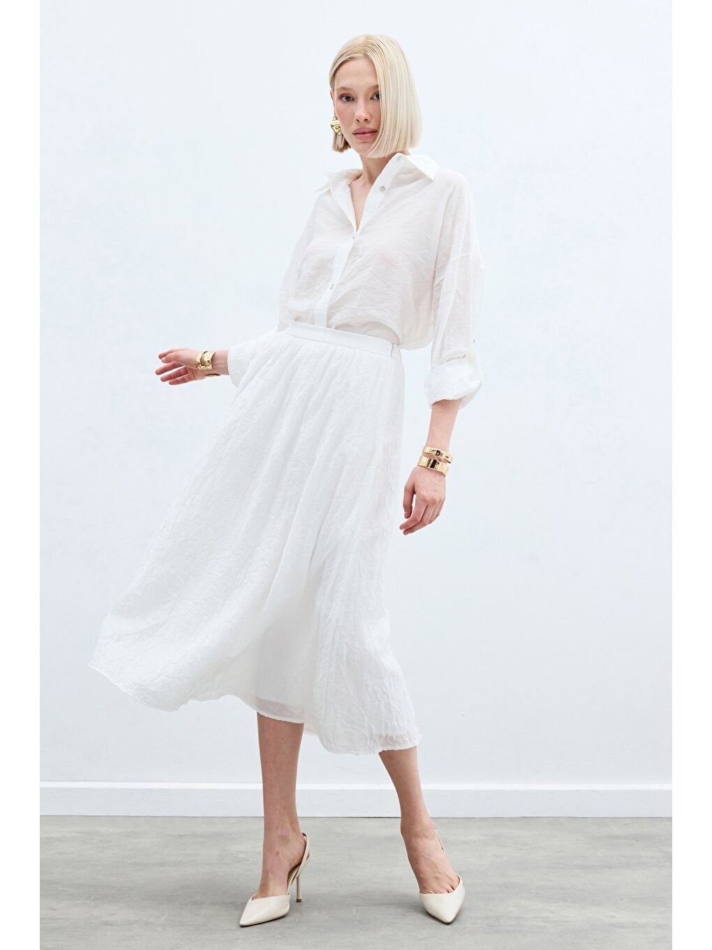 Kraşlı Kloş  Etek - Ekru-1