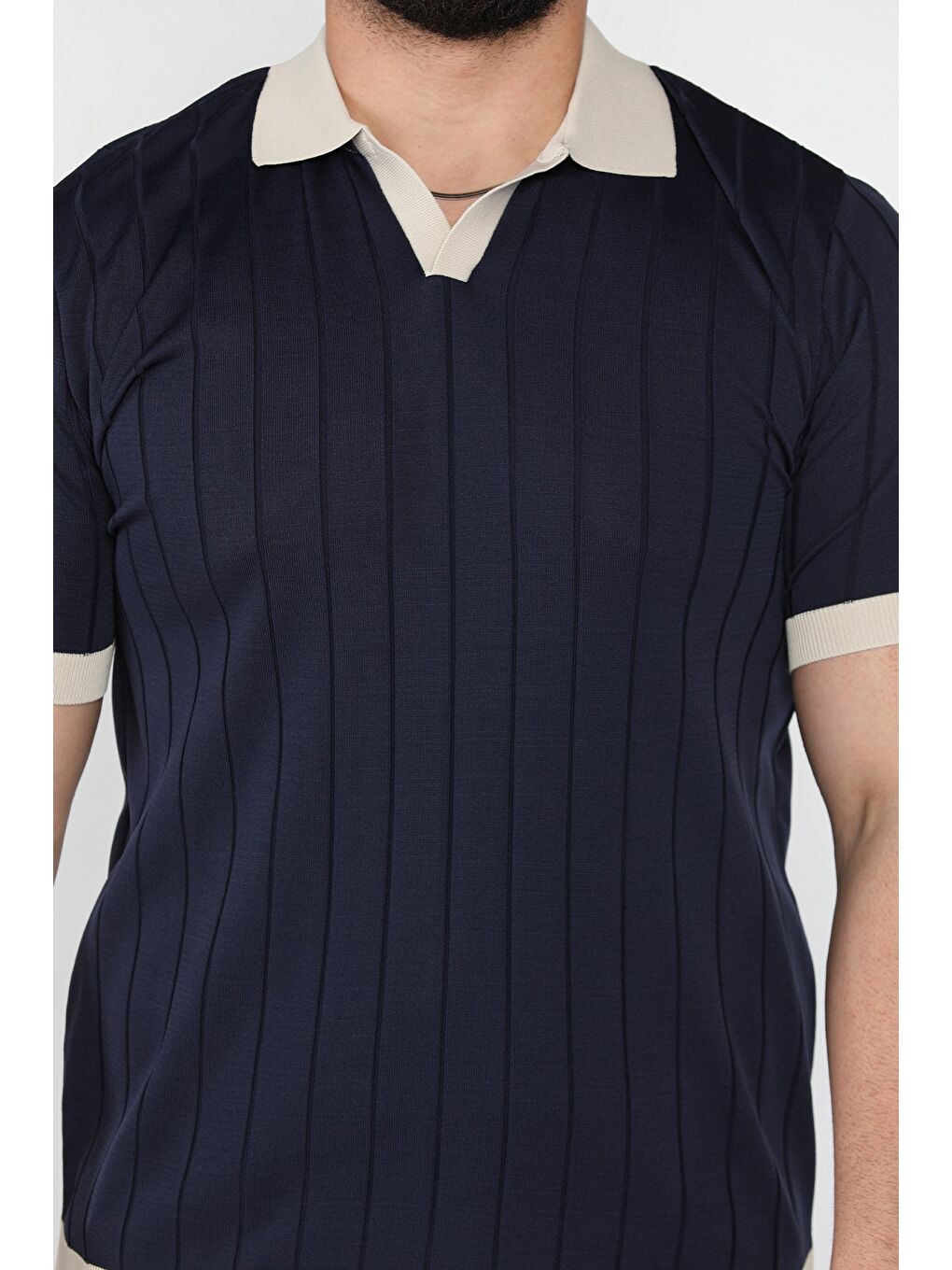 Lacivert Erkek Polo Yaka Kendinden Çizgi Desenli Renk Garnili Triko Tişört-3