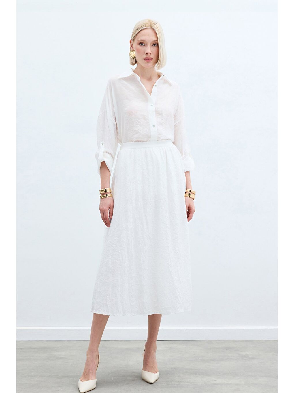 Kraşlı Kloş  Etek - Ekru-2