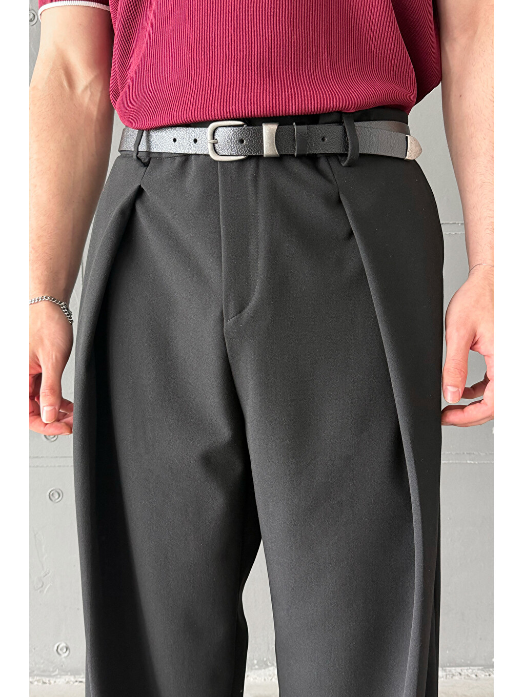 Siyah Erkek Geniş Pileli Kore Kesim Baggy Pantolon-3