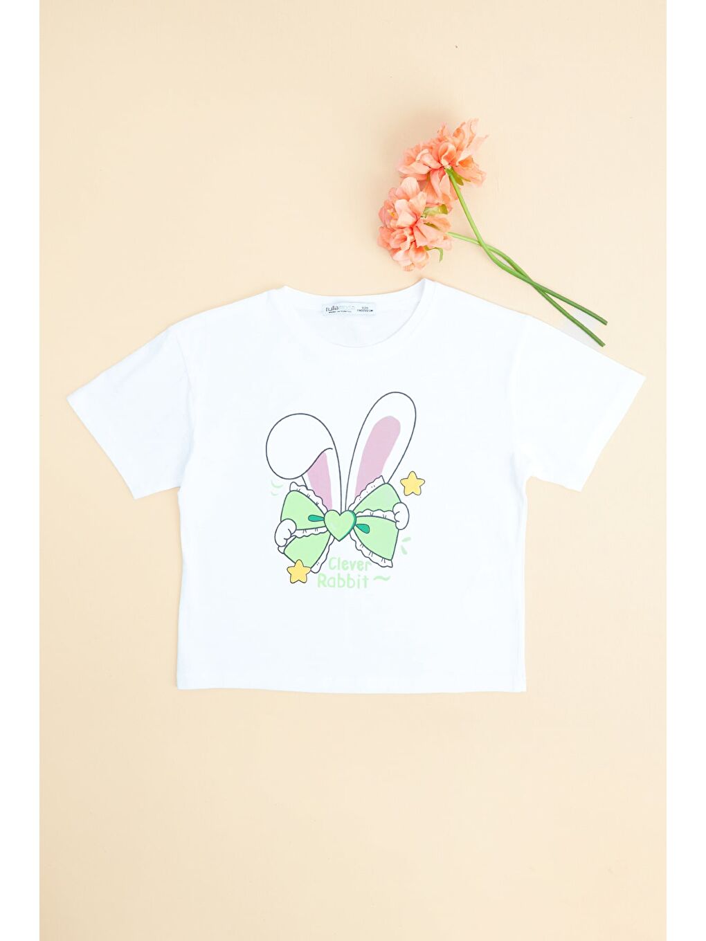 Ekru Fiyonk Baskılı Crop Kız Çocuk Tişört