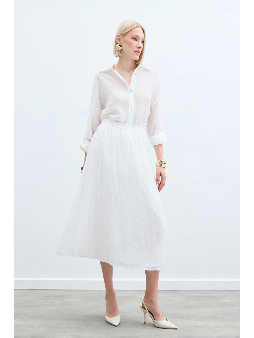 Kraşlı Kloş  Etek - Ekru-3