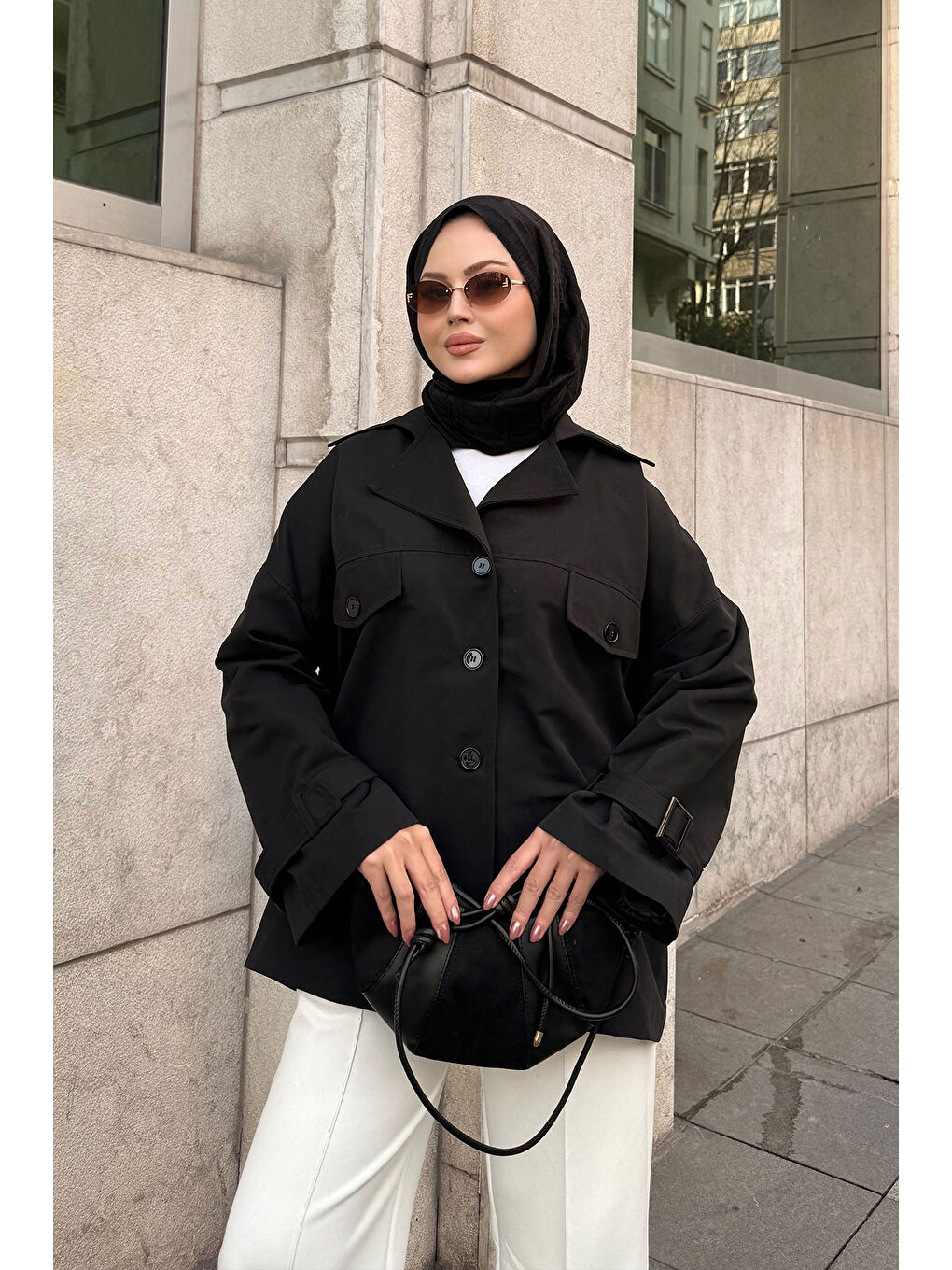 Kadın Kruvaze Yaka Trenç Siyah-3