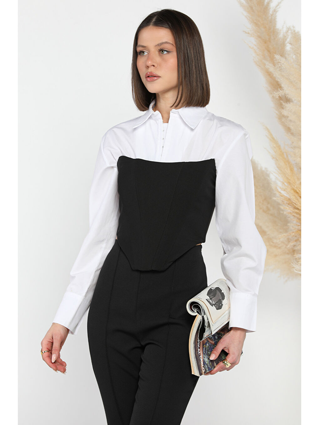 Siyah Fermuarlı Straplez Kadın Crop Bluz