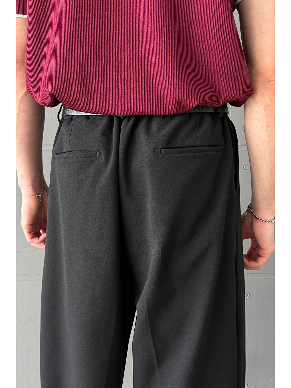 Siyah Erkek Geniş Pileli Kore Kesim Baggy Pantolon-4
