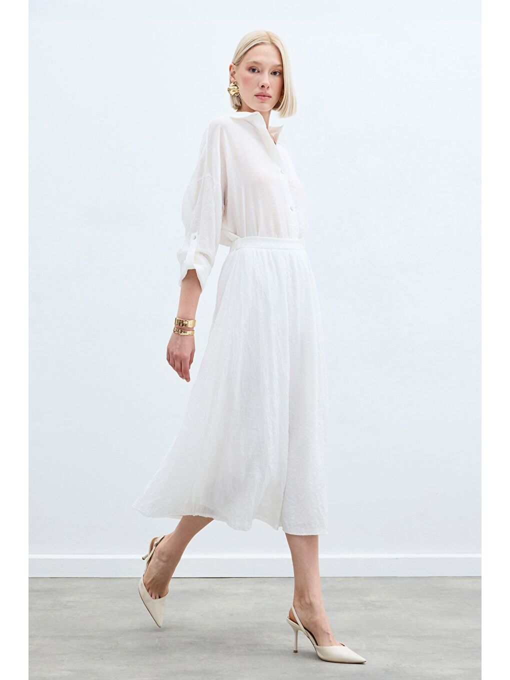 Kraşlı Kloş  Etek - Ekru-4