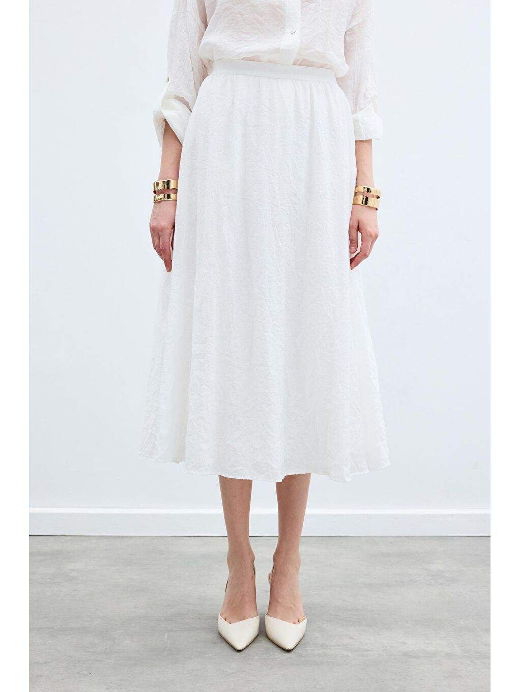 Kraşlı Kloş  Etek - Ekru-5