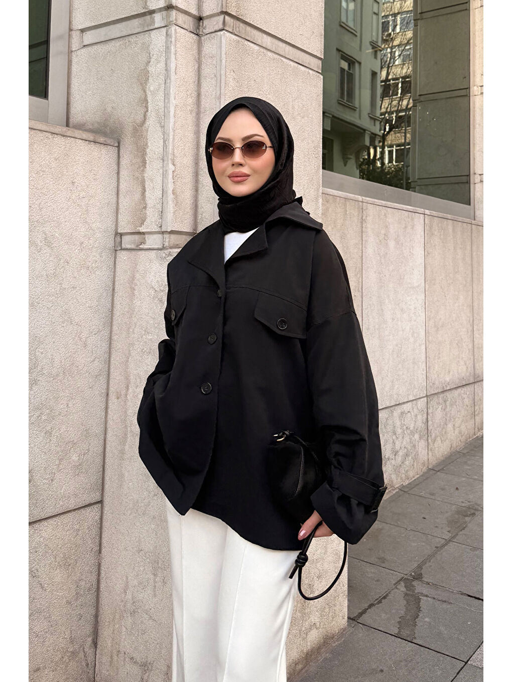 Kadın Kruvaze Yaka Trenç Siyah-4