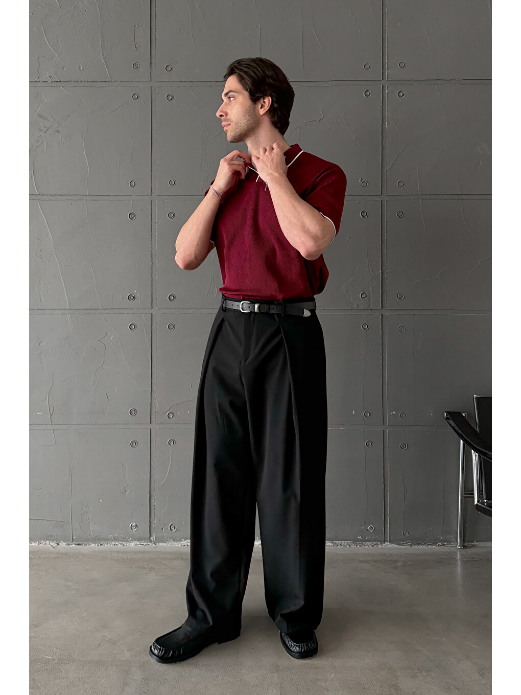 Siyah Erkek Geniş Pileli Kore Kesim Baggy Pantolon-7