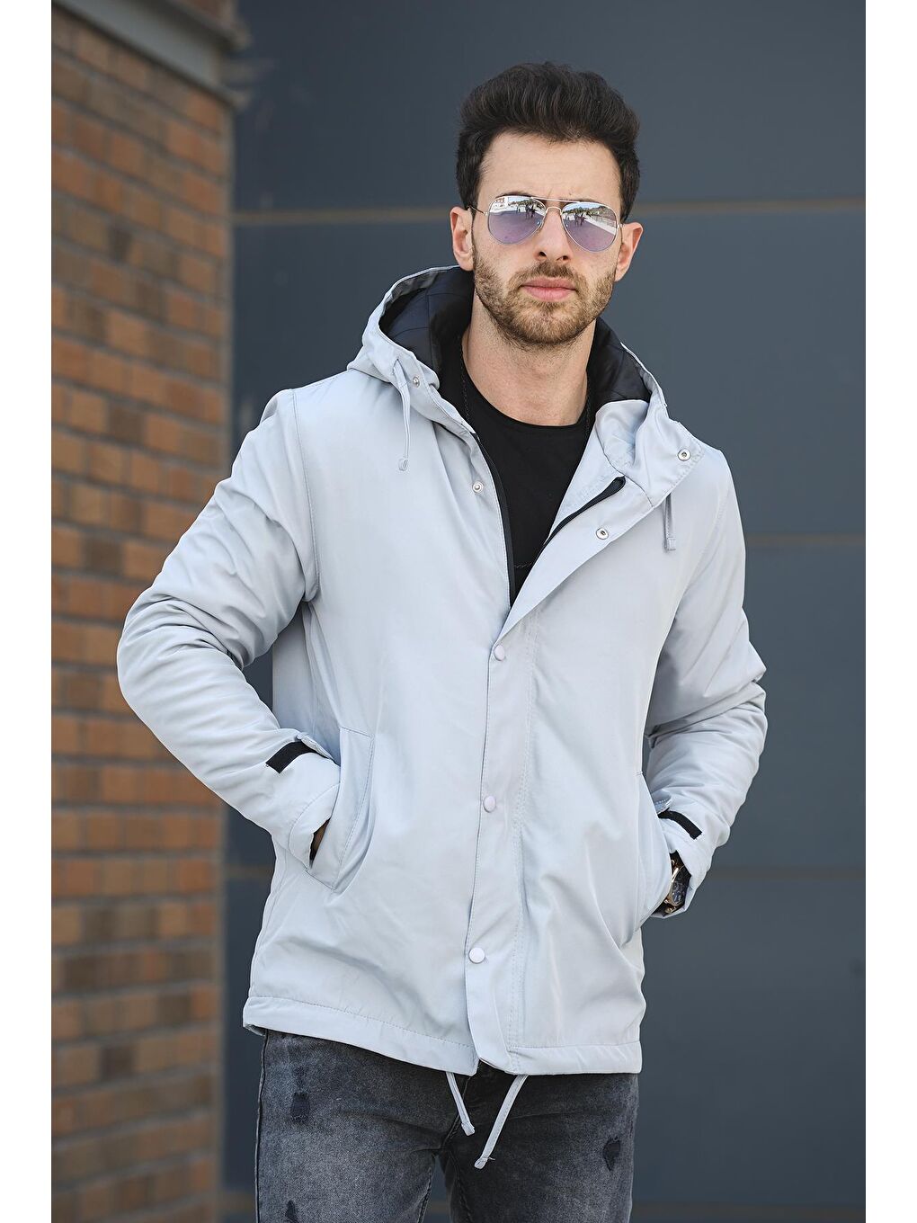 Oksit Gri Quito Slim Fit Bağcık Detaylı Su İtici Kapüşonlu Erkek Mont