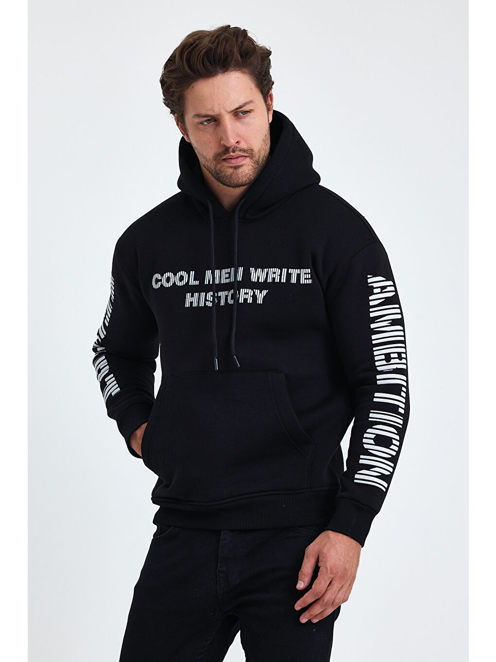 Tarz Cool Siyah Erkek Yazı Baskılı Regular 3 İplik Şardonlu Kapüşonlu Sweatshirt