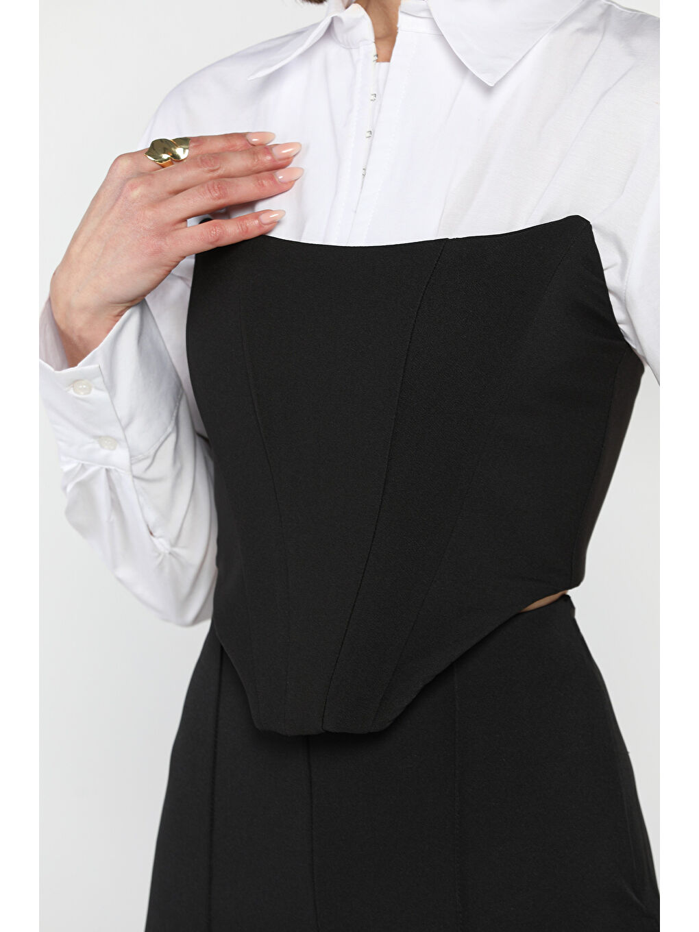 Siyah Fermuarlı Straplez Kadın Crop Bluz-2