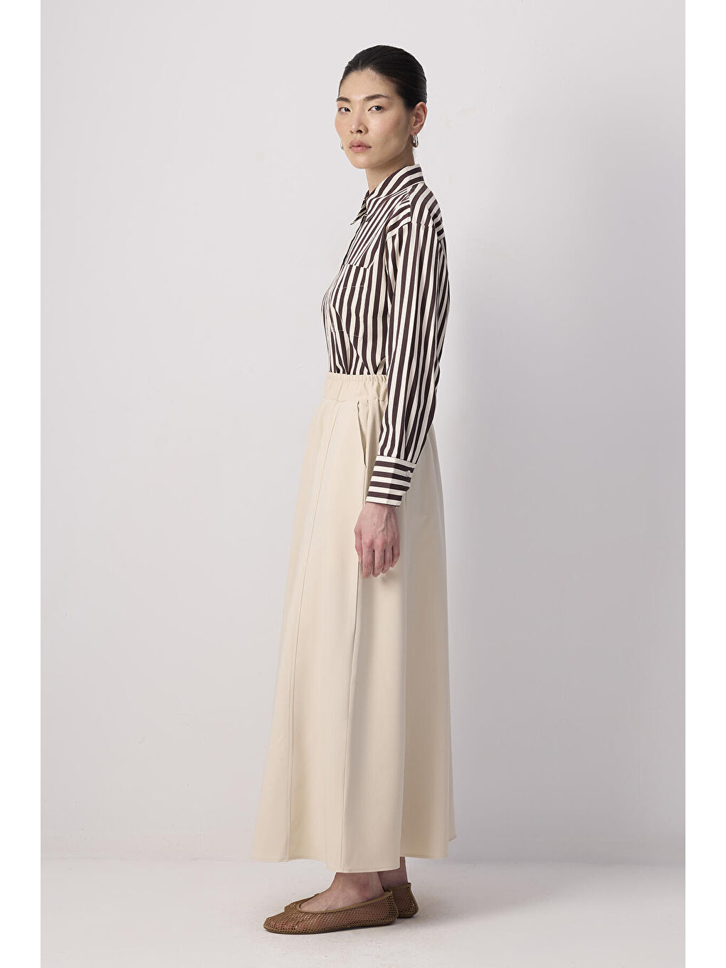 Bej Beli Lastikli Cepli Krep Etek-2