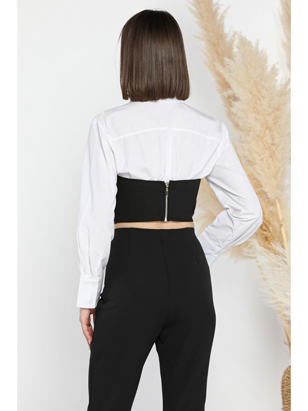 Siyah Fermuarlı Straplez Kadın Crop Bluz-3