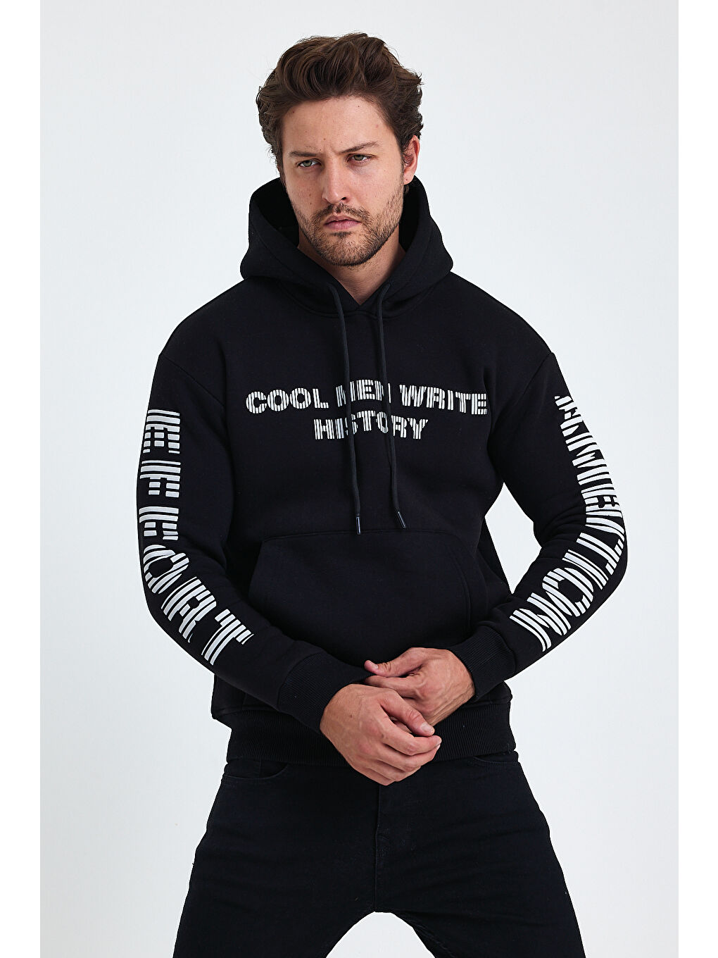 Tarz Cool Siyah Erkek Yazı Baskılı Regular 3 İplik Şardonlu Kapüşonlu Sweatshirt - 1