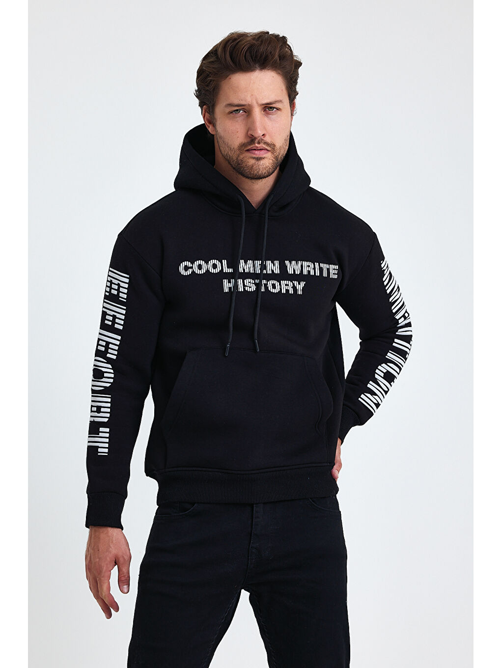 Tarz Cool Siyah Erkek Yazı Baskılı Regular 3 İplik Şardonlu Kapüşonlu Sweatshirt - 2