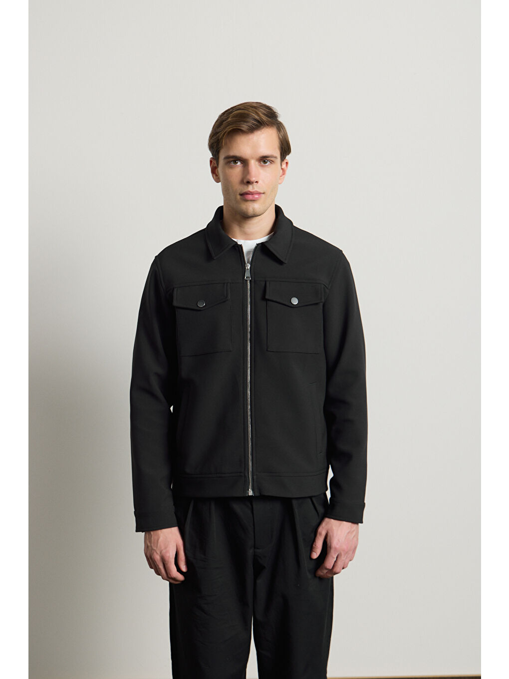 Erkek Standart Kalıp Gömlek Yaka Ceket Siyah-6