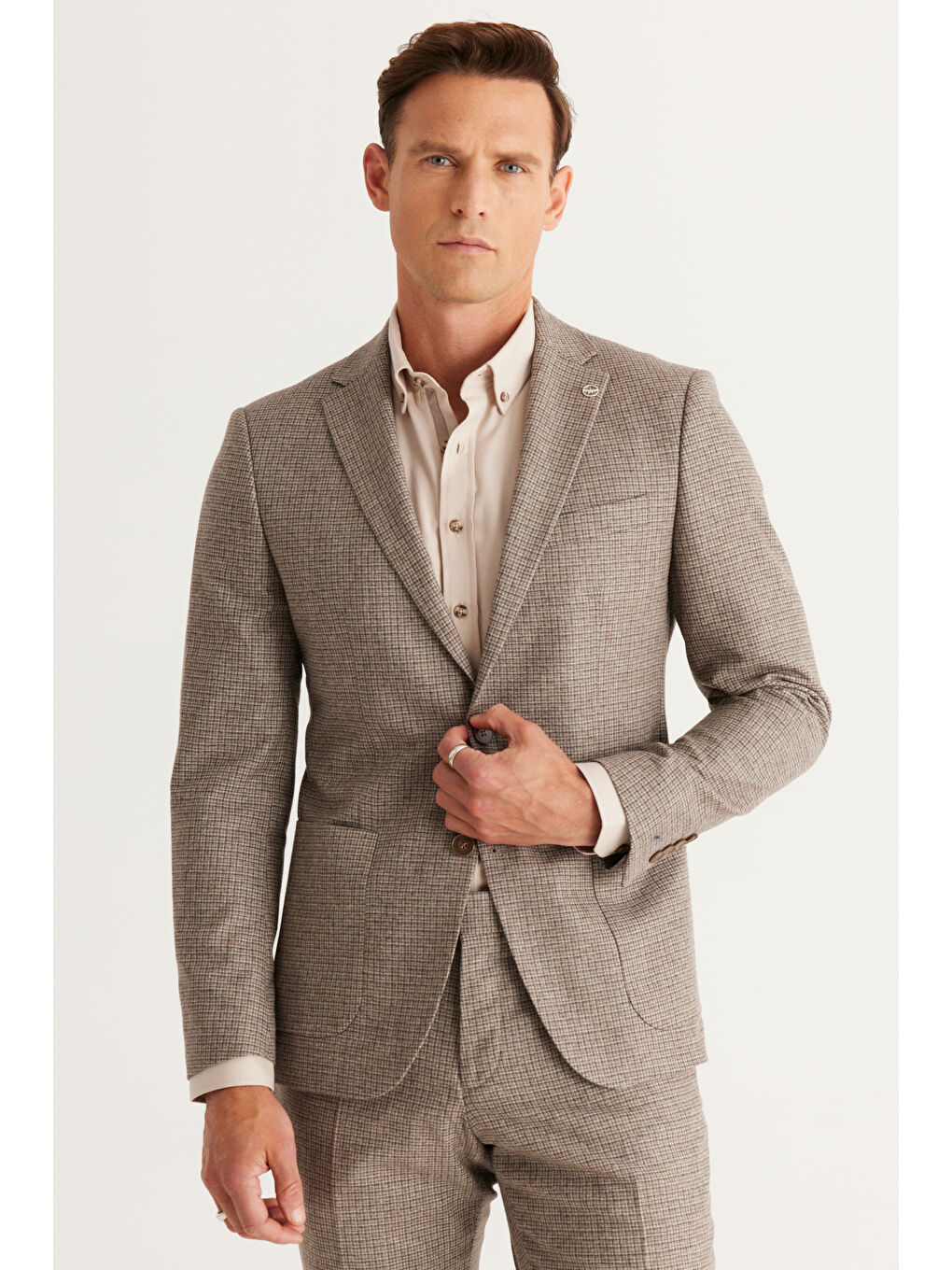 Erkek Kahverengi Slim Fit Dar Kesim Mono Yaka Kareli Yünlü Takım Elbise-1