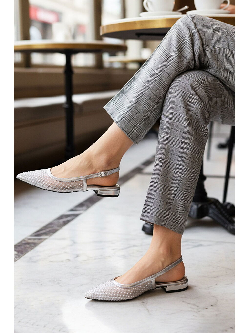 Gri Gümüş Taş İşlemeli Dar Kalıp Hafif Kadın Babet 312550 Z-2