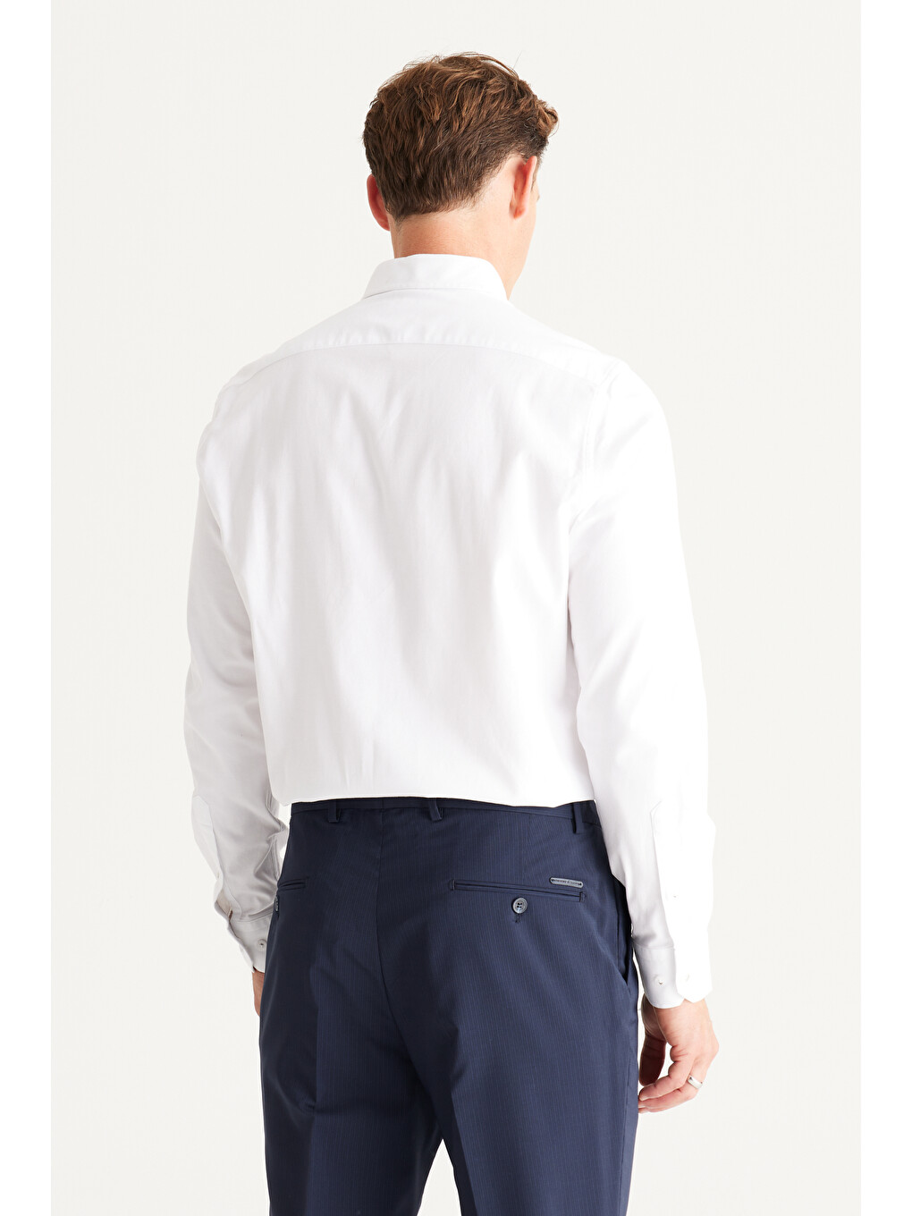 Erkek Beyaz Slim Fit Dar Kesim Düğmeli Yaka Pamuklu Gabardin Gömlek-5