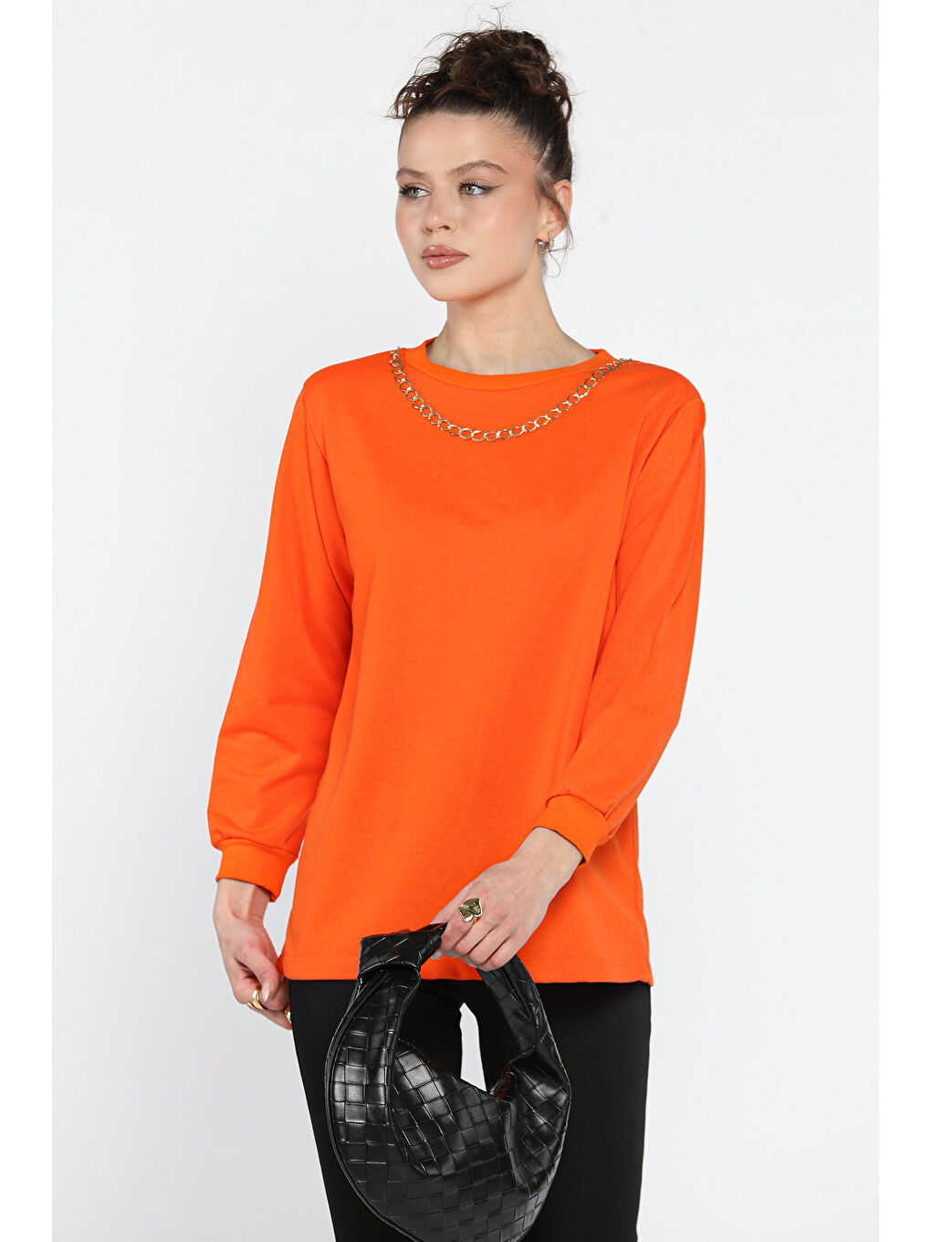 Turuncu Kadın Bisiklet Yaka Aksesuar Detaylı Bluz-1