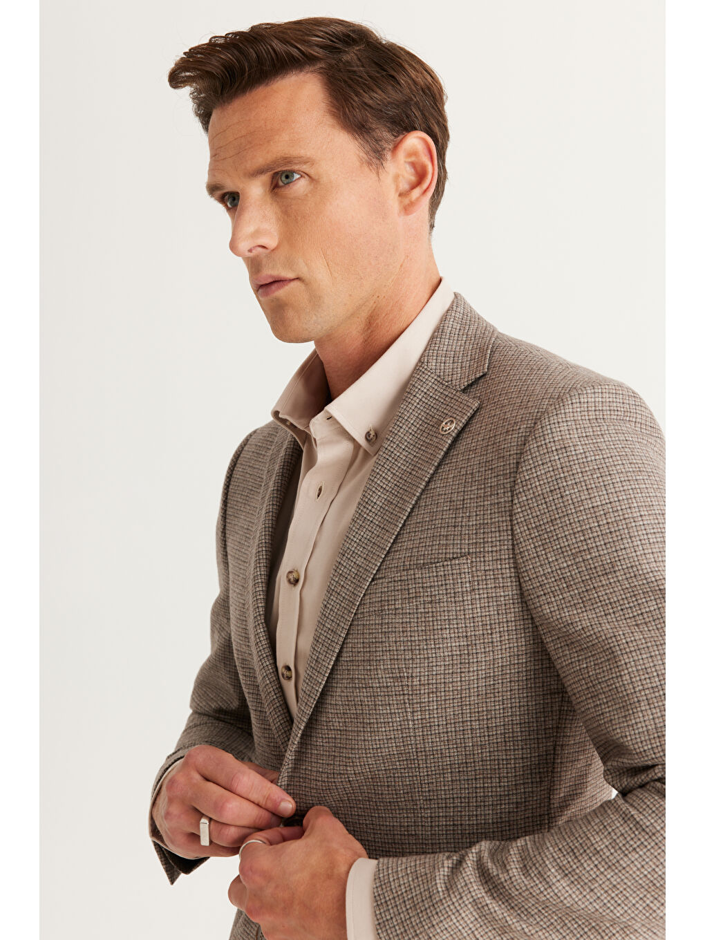 Erkek Kahverengi Slim Fit Dar Kesim Mono Yaka Kareli Yünlü Takım Elbise-2