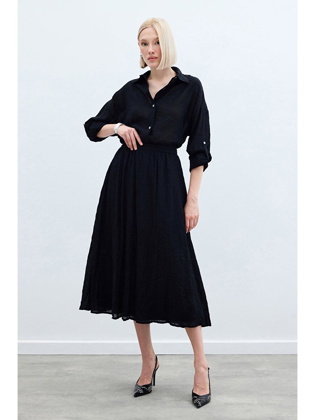 Kraşlı Kloş  Etek - Siyah-1