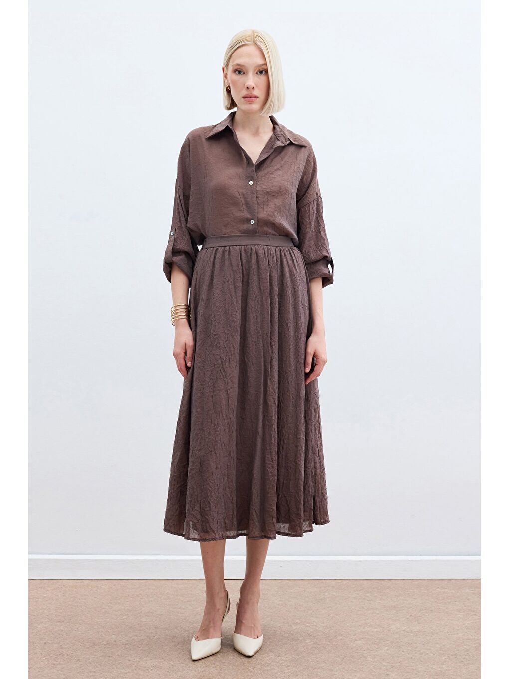 Kahverengi Kraşlı Kloş  Etek - Kahve-1