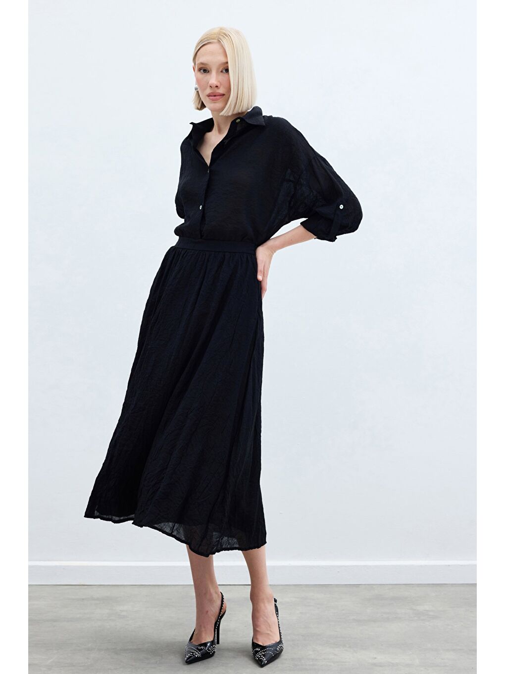 Kraşlı Kloş  Etek - Siyah-2