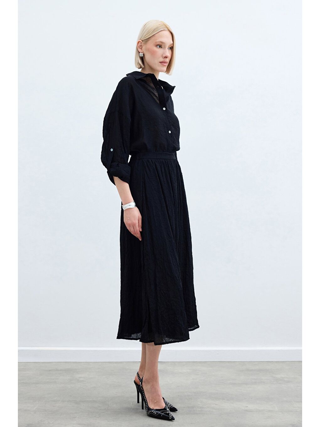 Kraşlı Kloş  Etek - Siyah-3