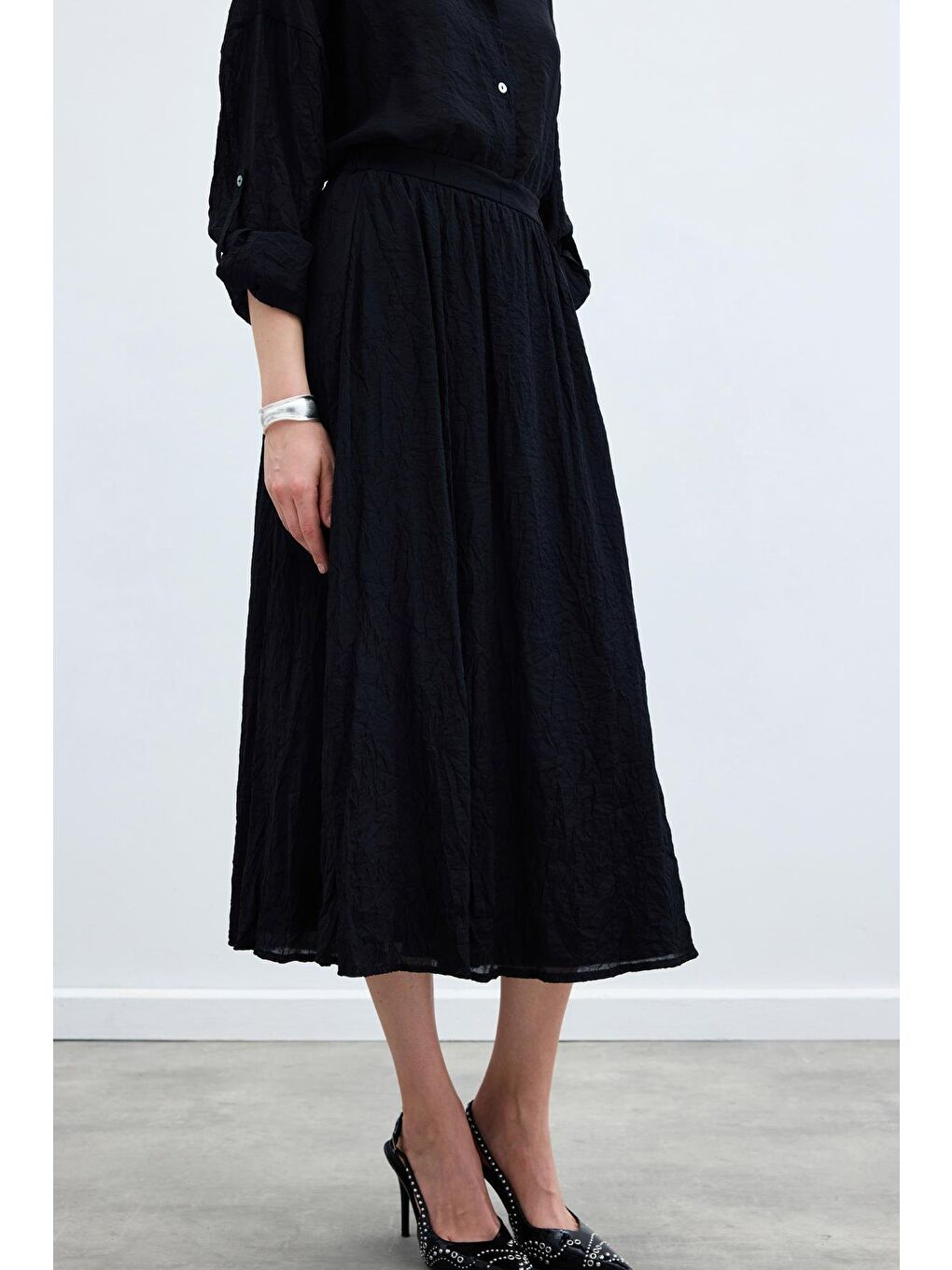 Kraşlı Kloş  Etek - Siyah-4