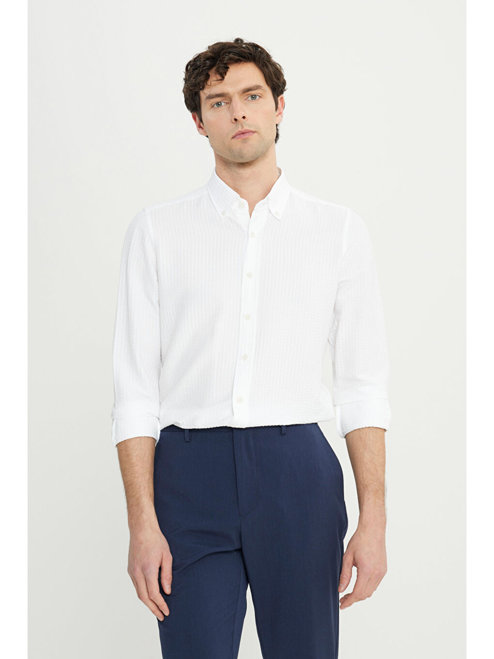 Erkek Lacivert Slim Fit Dar Kesim Beli Lastikli Yan Cep Esnek Casual Pantolon-2