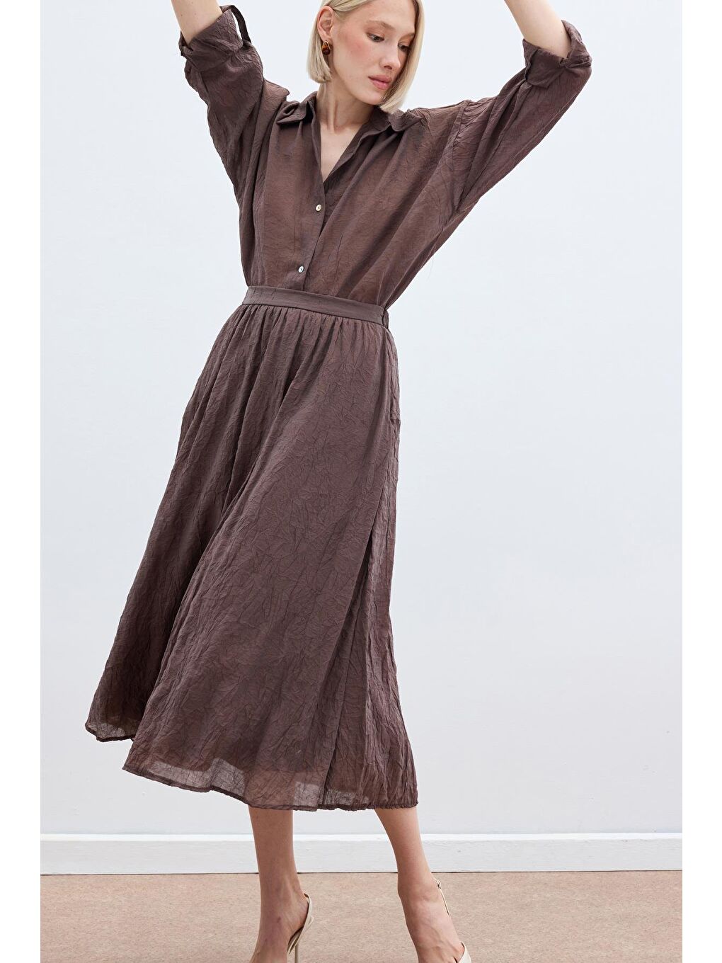 Kahverengi Kraşlı Kloş  Etek - Kahve-5