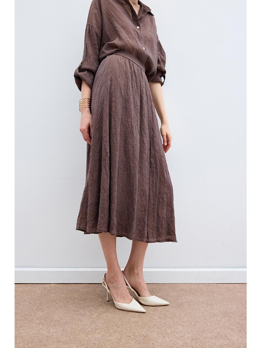 Kahverengi Kraşlı Kloş  Etek - Kahve-6