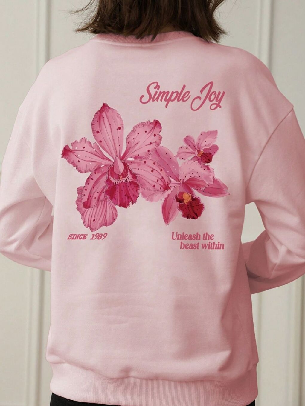 Kadın Pembe Simple Joy Baskılı Oversize Bisiklet Yaka Sweatshirt-2