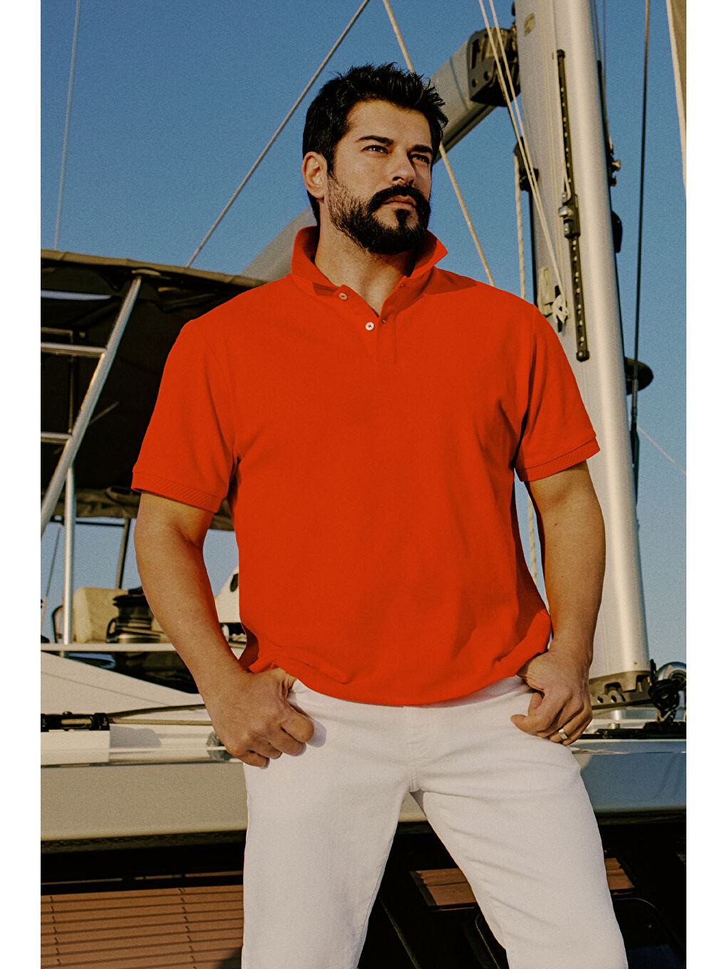 Kırmızı Erkek Nar Çiçeği Slim Fit Dar Kesim Polo Yaka %100 Pamuk Kısa Kollu Tişört-1