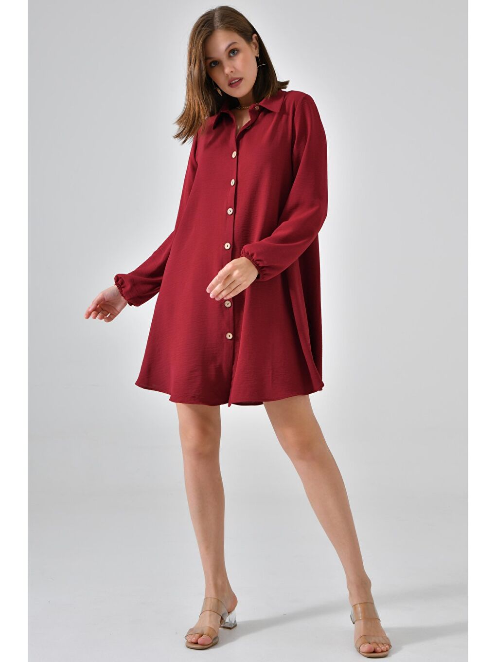 Bordo Kadın Gömlek Yaka Ahşap Düğmeli Kolağzı Lastikli Aerobin Dokuma Tunik - Regular Fit-3